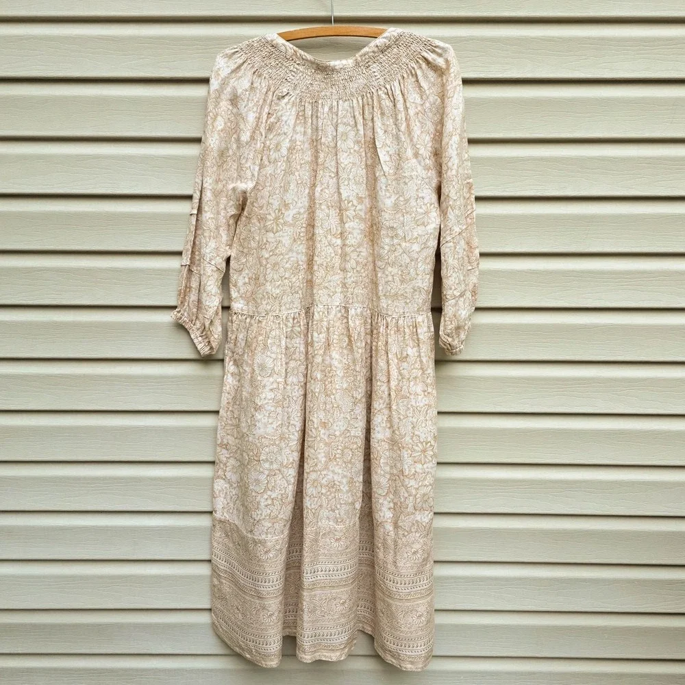 Magaschoni Linen Dress M Beige Floral Boho Prairie Smocked Tassel Midi Romantic - Picture 7 of 7